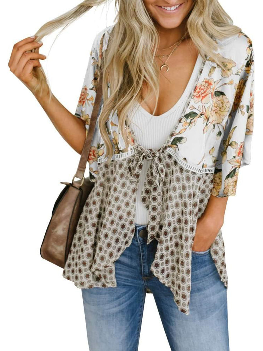 🔥Summer Hot Sale-50% Off!!✨Women's Floral Kimono Ruffle Sleeve Tie Cardigans Flowy Boho Loose Cover Ups