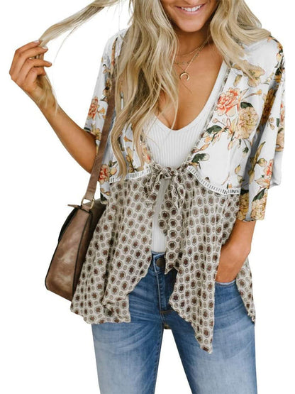 🔥Summer Hot Sale-50% Off!!✨Women's Floral Kimono Ruffle Sleeve Tie Cardigans Flowy Boho Loose Cover Ups