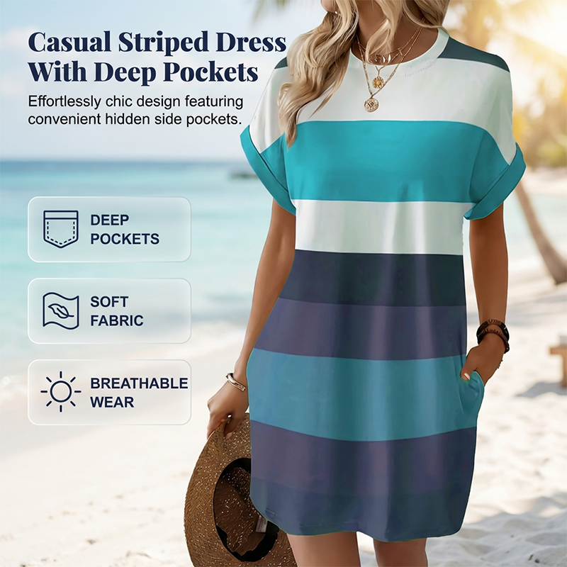 👗 LIMITED-TIME 50% OFF! ✨ Striped Midi Dress 🍀– Pockets, Loose Fit, Vacation, Casual ✨