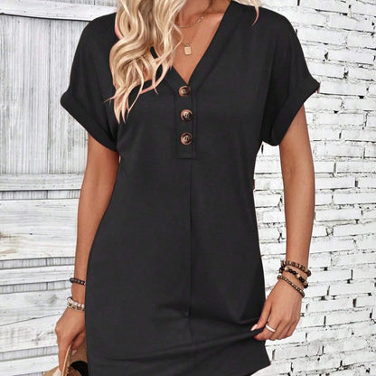 👗📢📢50% OFF !!  ⚡Buy 2 get 5%+ Free Shipping✈️ ⏰Women's Fashion V-Neck Button Dress – Timeless Solid Colors, Soft Fabric & Rolled Sleeves 🌸