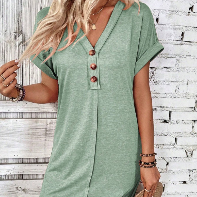 👗📢📢50% OFF !!  ⚡Buy 2 get 5%+ Free Shipping✈️ ⏰Women's Fashion V-Neck Button Dress – Timeless Solid Colors, Soft Fabric & Rolled Sleeves 🌸