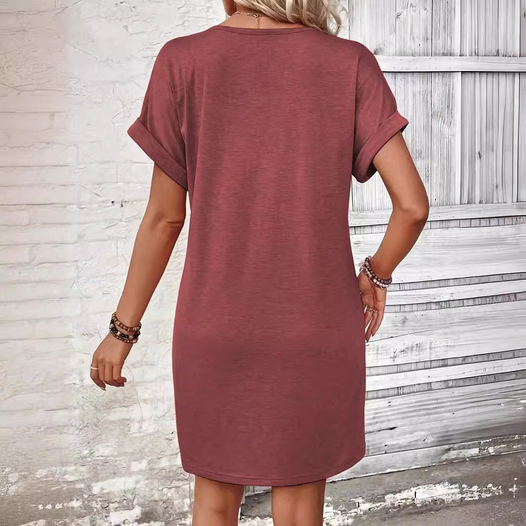 👗📢📢50% OFF !!  ⚡Buy 2 get 5%+ Free Shipping✈️ ⏰Women's Fashion V-Neck Button Dress – Timeless Solid Colors, Soft Fabric & Rolled Sleeves 🌸