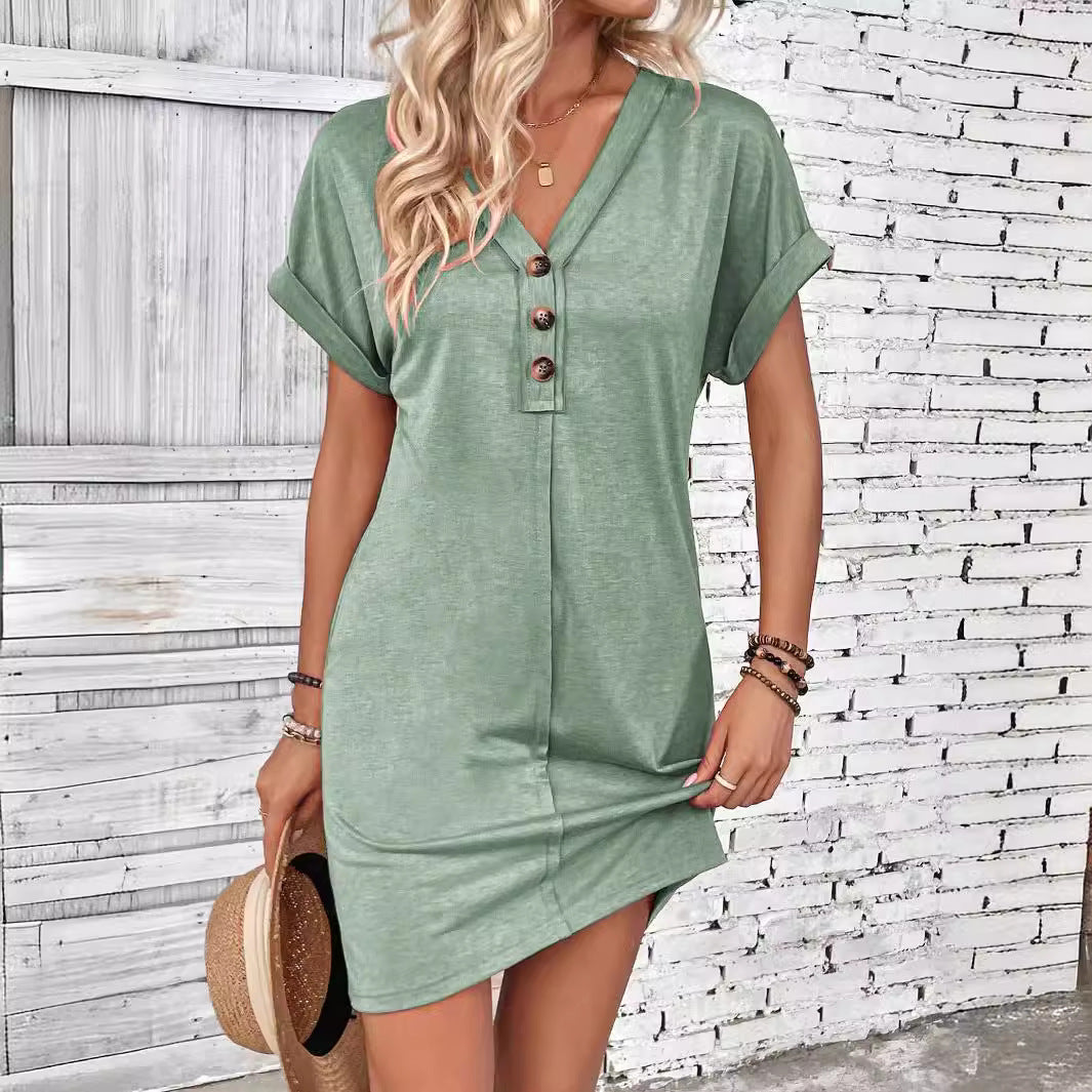 👗📢📢50% OFF !!  ⚡Buy 2 get 5%+ Free Shipping✈️ ⏰Women's Fashion V-Neck Button Dress – Timeless Solid Colors, Soft Fabric & Rolled Sleeves 🌸