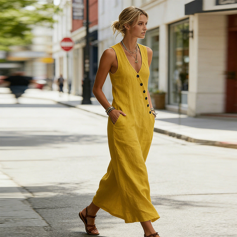 👗 50% DE RÉDUCTION! ✨ Robe Longue à Poches en Coton-Lin – Coupe Enveloppante, Boutons Asymétriques & Style Chic Pour Un Confort Élégant 🌸