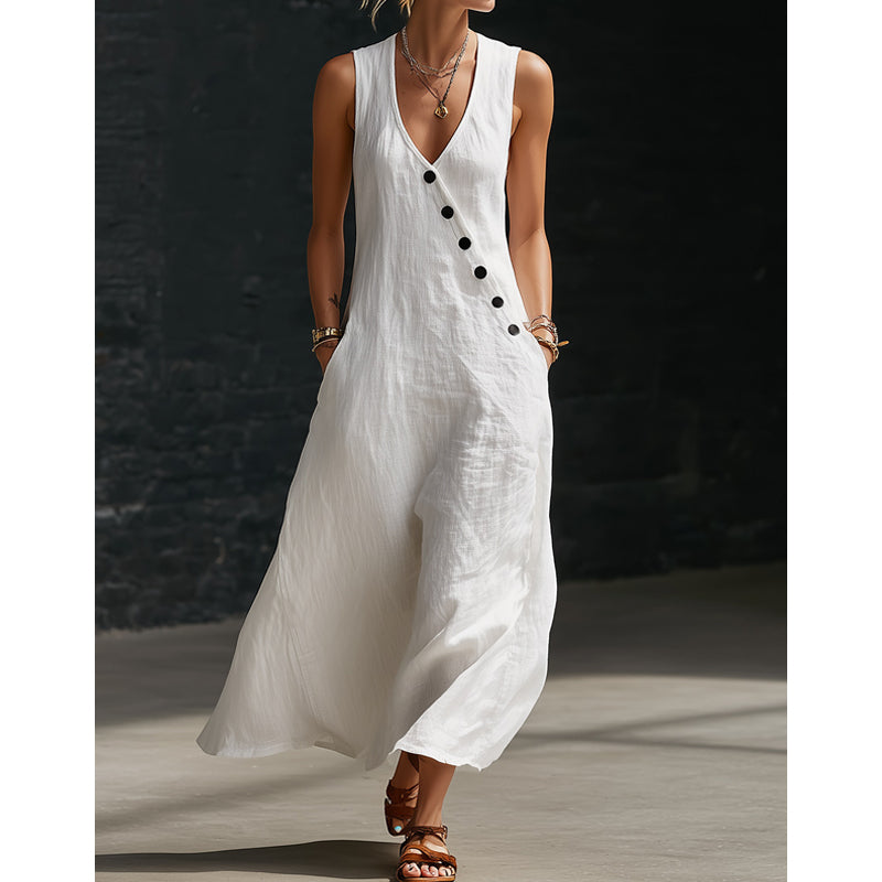 👗 50% DE RÉDUCTION! ✨ Robe Longue à Poches en Coton-Lin – Coupe Enveloppante, Boutons Asymétriques & Style Chic Pour Un Confort Élégant 🌸