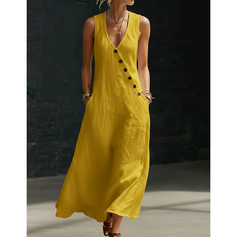 👗 50% DE RÉDUCTION! ✨ Robe Longue à Poches en Coton-Lin – Coupe Enveloppante, Boutons Asymétriques & Style Chic Pour Un Confort Élégant 🌸