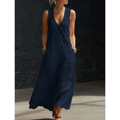 👗 50% DE RÉDUCTION! ✨ Robe Longue à Poches en Coton-Lin – Coupe Enveloppante, Boutons Asymétriques & Style Chic Pour Un Confort Élégant 🌸