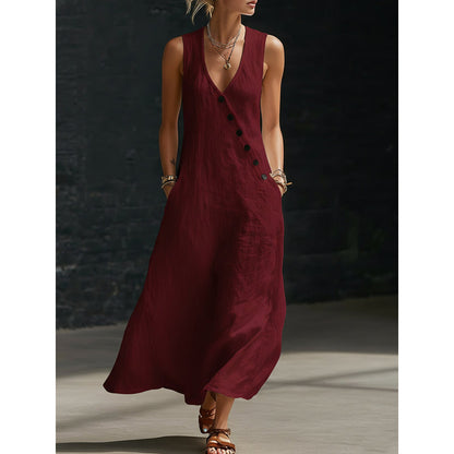 👗 50% DE RÉDUCTION! ✨ Robe Longue à Poches en Coton-Lin – Coupe Enveloppante, Boutons Asymétriques & Style Chic Pour Un Confort Élégant 🌸