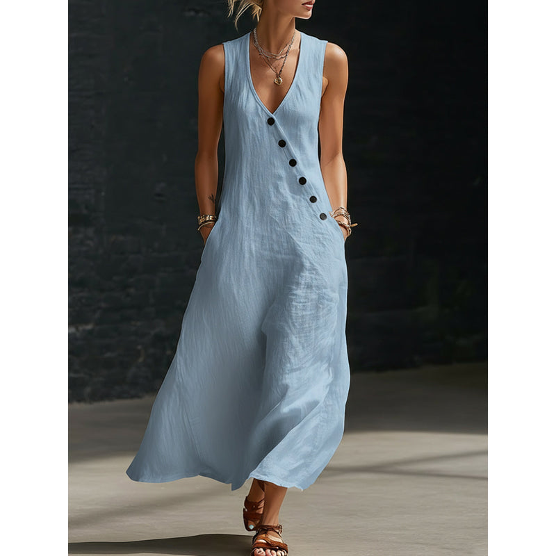 👗 50% DE RÉDUCTION! ✨ Robe Longue à Poches en Coton-Lin – Coupe Enveloppante, Boutons Asymétriques & Style Chic Pour Un Confort Élégant 🌸
