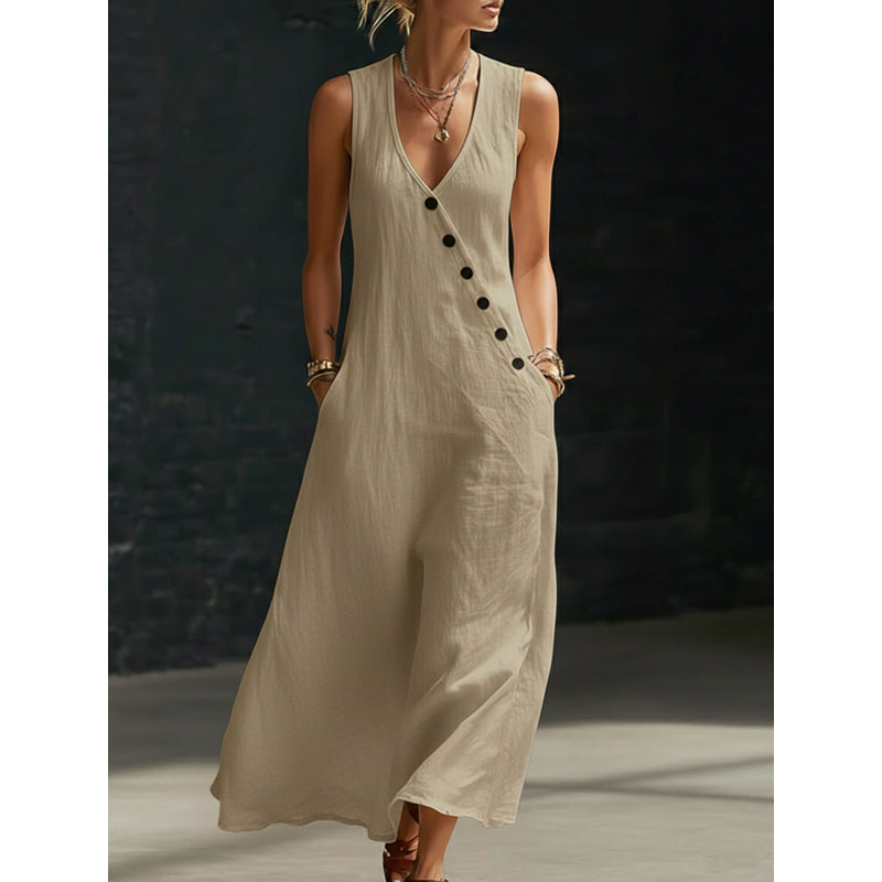 👗 50% DE RÉDUCTION! ✨ Robe Longue à Poches en Coton-Lin – Coupe Enveloppante, Boutons Asymétriques & Style Chic Pour Un Confort Élégant 🌸