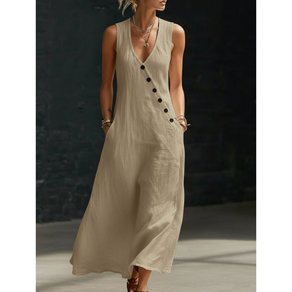 👗 50% DE RÉDUCTION! ✨ Robe Longue à Poches en Coton-Lin – Coupe Enveloppante, Boutons Asymétriques & Style Chic Pour Un Confort Élégant 🌸