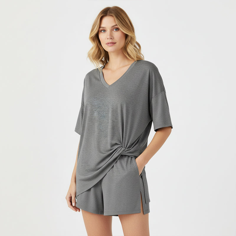 👚 50% KORTING! ✨ Lounge-set voor dames met V-hals – Losse pasvorm, kreukvrij & zijdezacht
