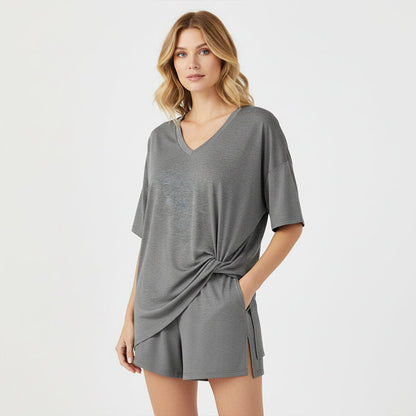 👚 50% KORTING! ✨ Lounge-set voor dames met V-hals – Losse pasvorm, kreukvrij & zijdezacht