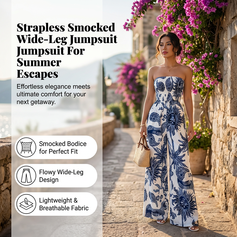 ✨ 2026 New Arrival 👗🌊✨ Strapless Smocked Wide-Leg Jumpsuit – Flowy Blue-White One-Piece Summer Style🌼