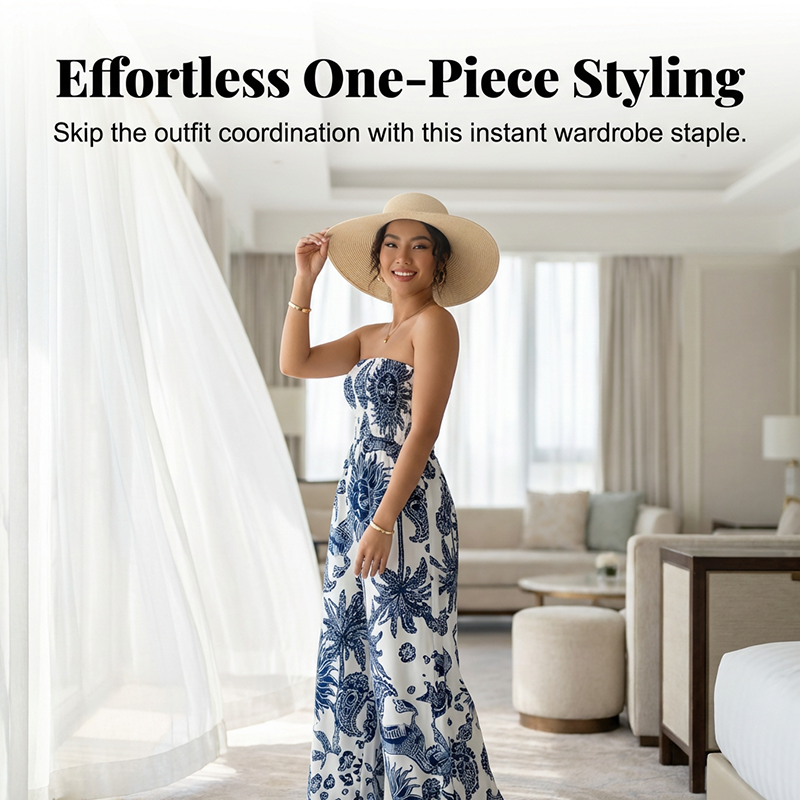 ✨ 2026 New Arrival 👗🌊✨ Strapless Smocked Wide-Leg Jumpsuit – Flowy Blue-White One-Piece Summer Style🌼