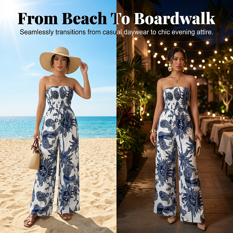 ✨ 2026 New Arrival 👗🌊✨ Strapless Smocked Wide-Leg Jumpsuit – Flowy Blue-White One-Piece Summer Style🌼