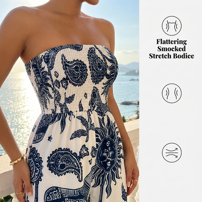 ✨ 2026 New Arrival 👗🌊✨ Strapless Smocked Wide-Leg Jumpsuit – Flowy Blue-White One-Piece Summer Style🌼