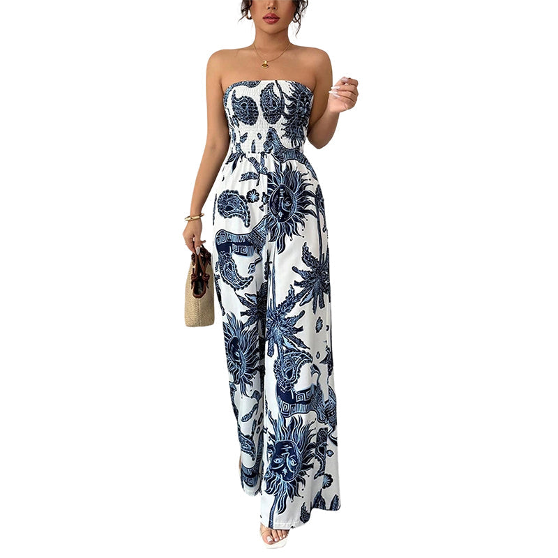 ✨ 2026 New Arrival 👗🌊✨ Strapless Smocked Wide-Leg Jumpsuit – Flowy Blue-White One-Piece Summer Style🌼