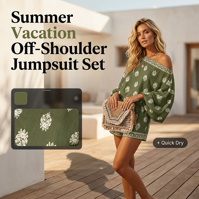 🌴58% OFF NOW!👙 Bohemian Off-Shoulder Jumpsuit Set – Vintage Print & Pockets – Relaxed Vacation Romper 📸