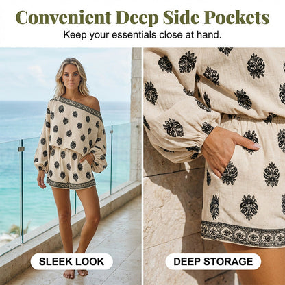 🌴58% OFF NOW!👙 Bohemian Off-Shoulder Jumpsuit Set – Vintage Print & Pockets – Relaxed Vacation Romper 📸