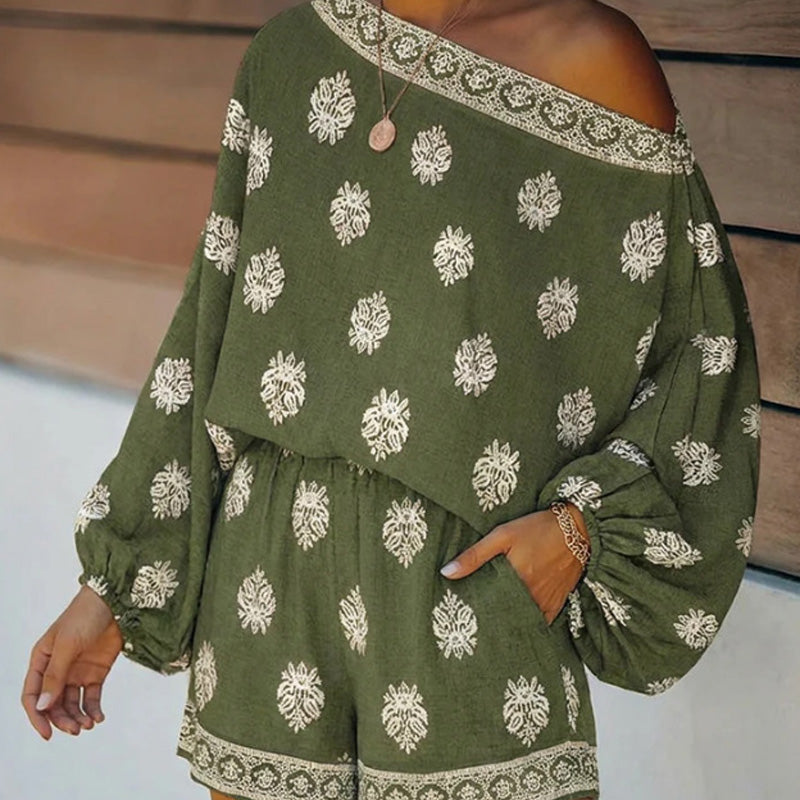 🌴58% OFF NOW!👙 Bohemian Off-Shoulder Jumpsuit Set – Vintage Print & Pockets – Relaxed Vacation Romper 📸