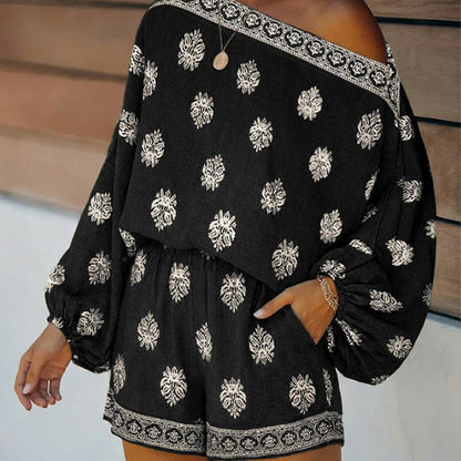 🌴58% OFF NOW!👙 Bohemian Off-Shoulder Jumpsuit Set – Vintage Print & Pockets – Relaxed Vacation Romper 📸