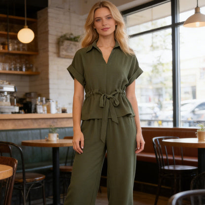 Women's Collared Drawstring Waist Top & Pants Set