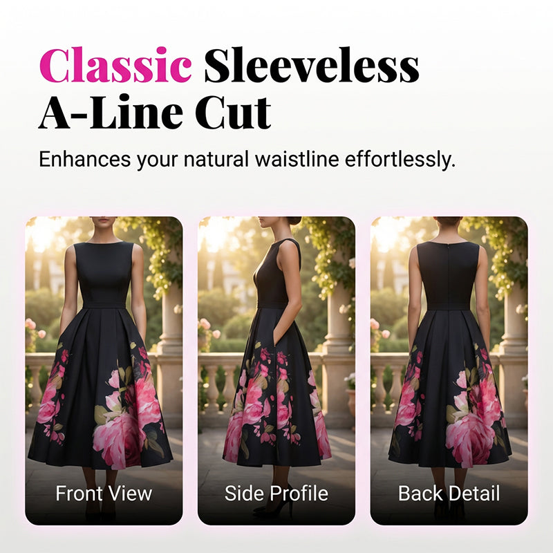 🌸Elegante, mouwloze midi-jurk in A-lijn model met bloemenprint👗❤️
