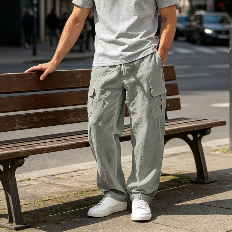👖 50% OFF NOW! 🌿 Men's Cotton Linen Cargo Pants – Breathable, Relaxed Wide-Leg & Multi-Pocket – Drawstring Waist for Easy Fit ☀️