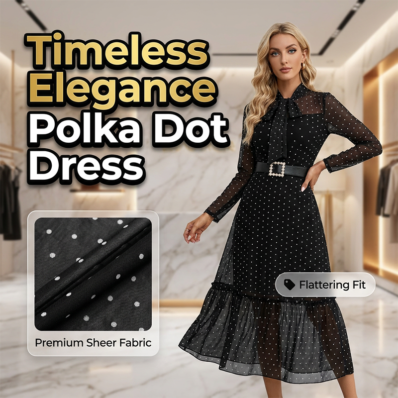 👗 50% OFF NOW!✨ Polka Dot Tie-Neck Midi Dress – Pearl Belt & A-Line – Elegant Vintage Party Dress 🥂