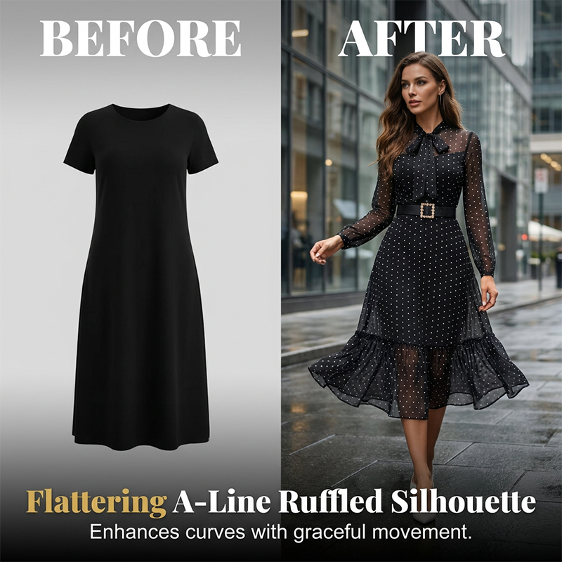 👗 50% OFF NOW!✨ Polka Dot Tie-Neck Midi Dress – Pearl Belt & A-Line – Elegant Vintage Party Dress 🥂