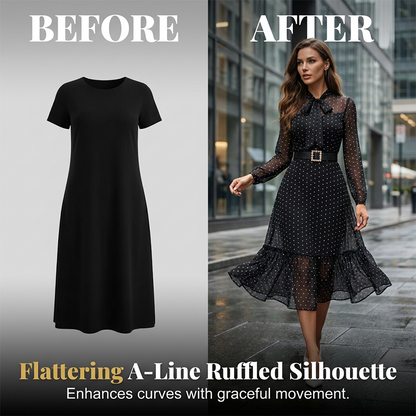 👗 50% OFF NOW!✨ Polka Dot Tie-Neck Midi Dress – Pearl Belt & A-Line – Elegant Vintage Party Dress 🥂