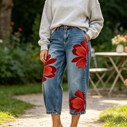 👖 LIMITED-TIME 50% OFF! 🌸✨ Women's Floral Wide-Leg Jeans – Unique Appliqué, Soft, 6 Colors 🌸