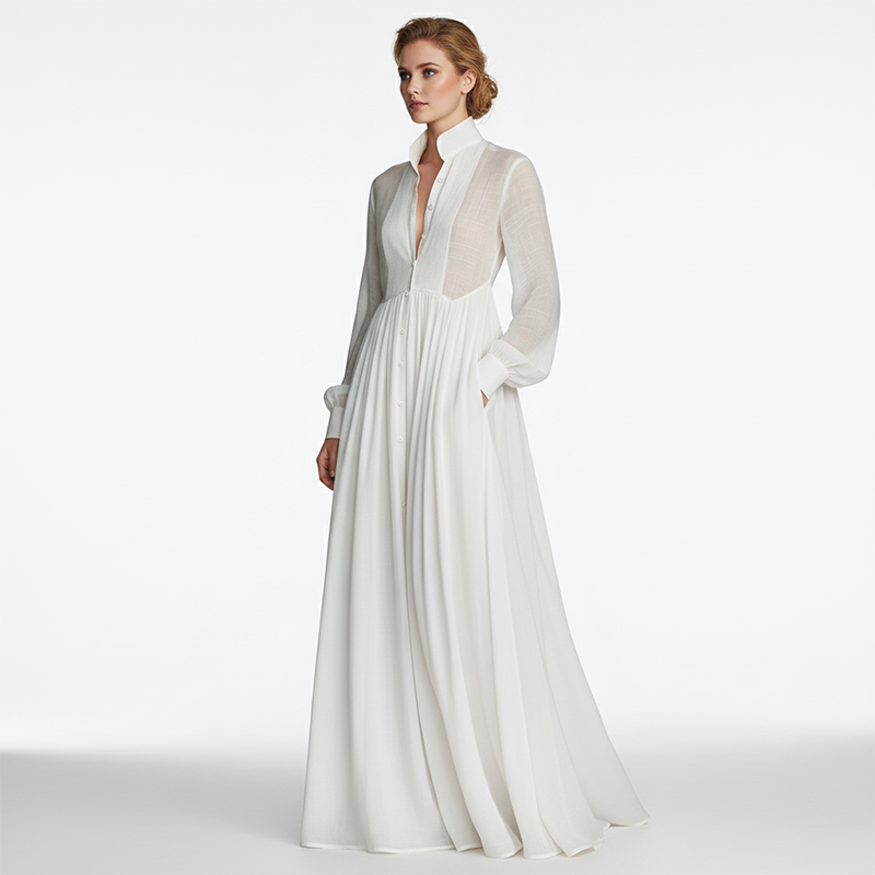 👗 50% OFF! ✨ Elegant Pleated White High-Neck Maxi Dress