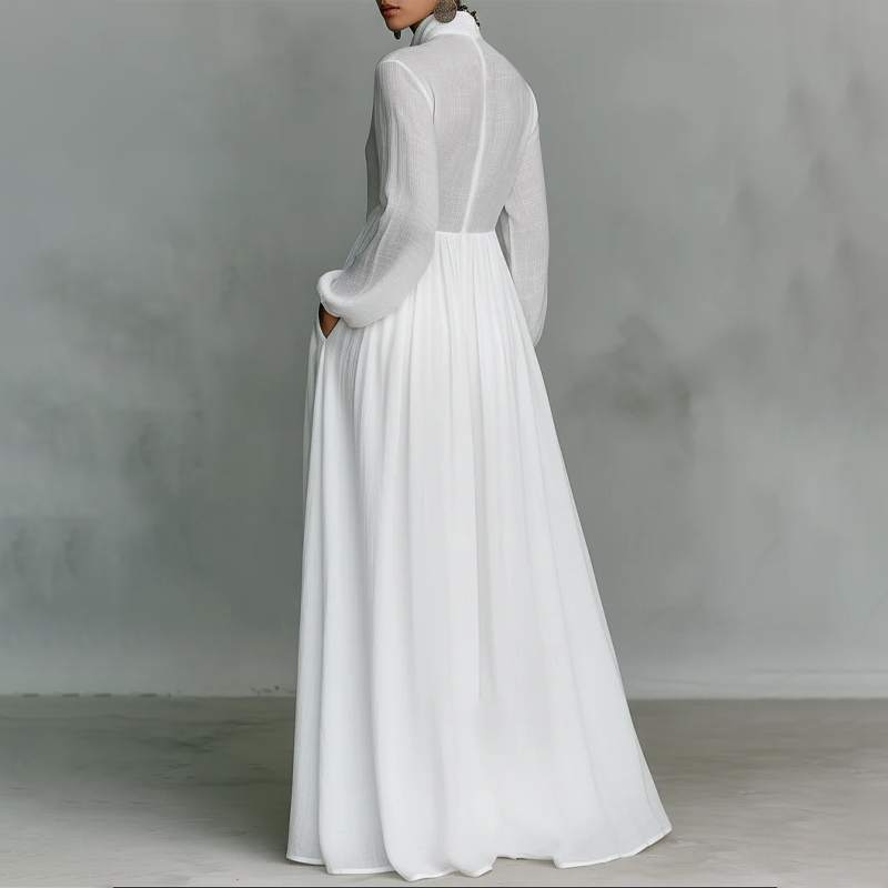 👗 50% OFF! ✨ Pleated White Maxi Dress – High-Neck & Flattering Silhouette ⏰🔥 【Flash Sale】