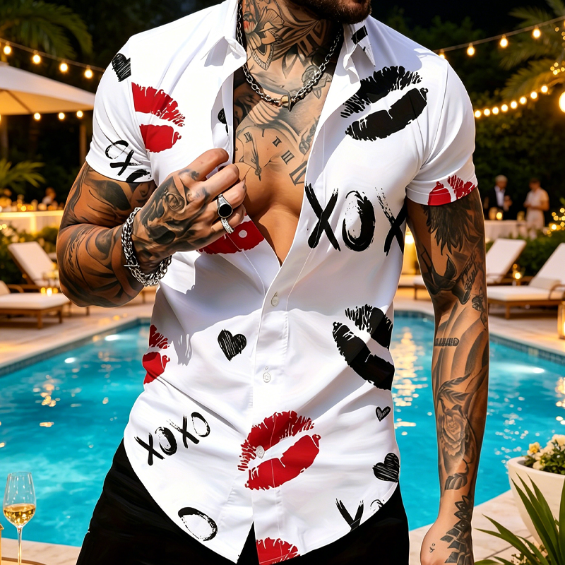 💋 50% OFF! ✨ Men's Kiss Print Button-Up Shirt – Playful, Lightweight, Vibrant 👔
