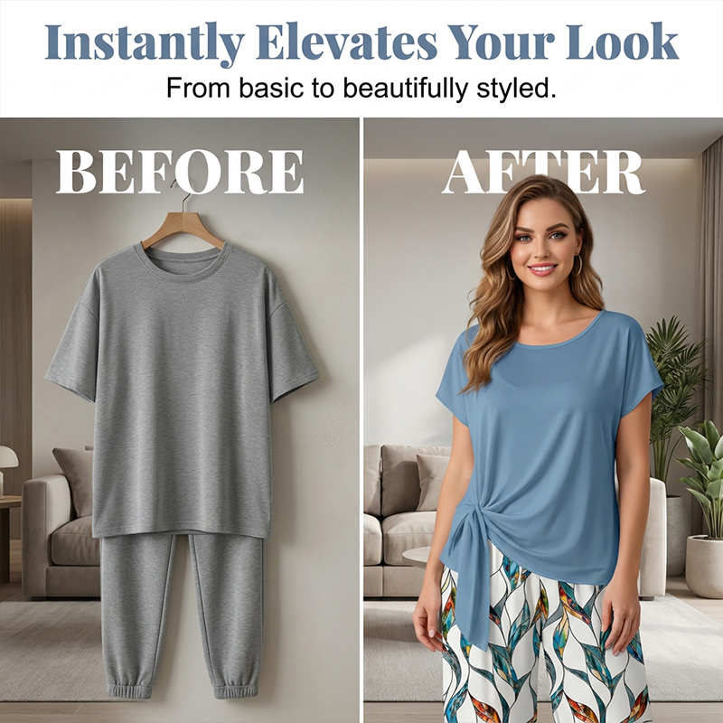 🌿👚👖 50% OFF Women’s Side-Tie Top & Patterned Pants Set ✨– Soft Breathable Blend, Adjustable Waist Definition & Botanical Print