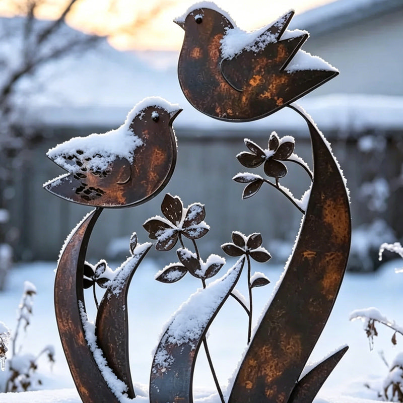 Rustieke metalen tuinpaal met vogel- en bloemmotief