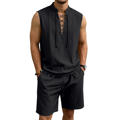 🧵  50% OFF! ✨ Men's Linen Sleeveless Set – Top & Shorts, Lace-Up, 7 Colors ☀️