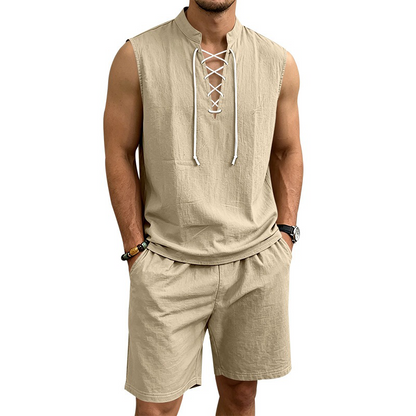 🧵  50% OFF! ✨ Men's Linen Sleeveless Set – Top & Shorts, Lace-Up, 7 Colors ☀️