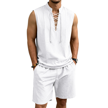 🧵  50% OFF! ✨ Men's Linen Sleeveless Set – Top & Shorts, Lace-Up, 7 Colors ☀️