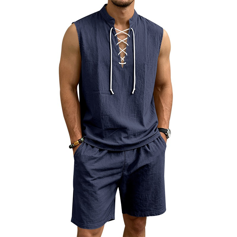 🧵  50% OFF! ✨ Men's Linen Sleeveless Set – Top & Shorts, Lace-Up, 7 Colors ☀️