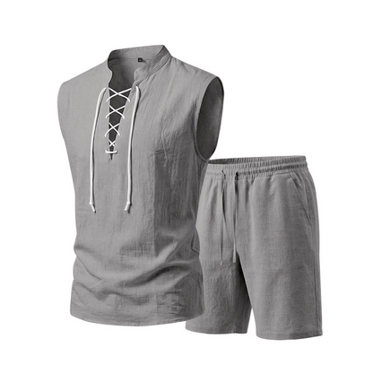 🧵  50% OFF! ✨ Men's Linen Sleeveless Set – Top & Shorts, Lace-Up, 7 Colors ☀️