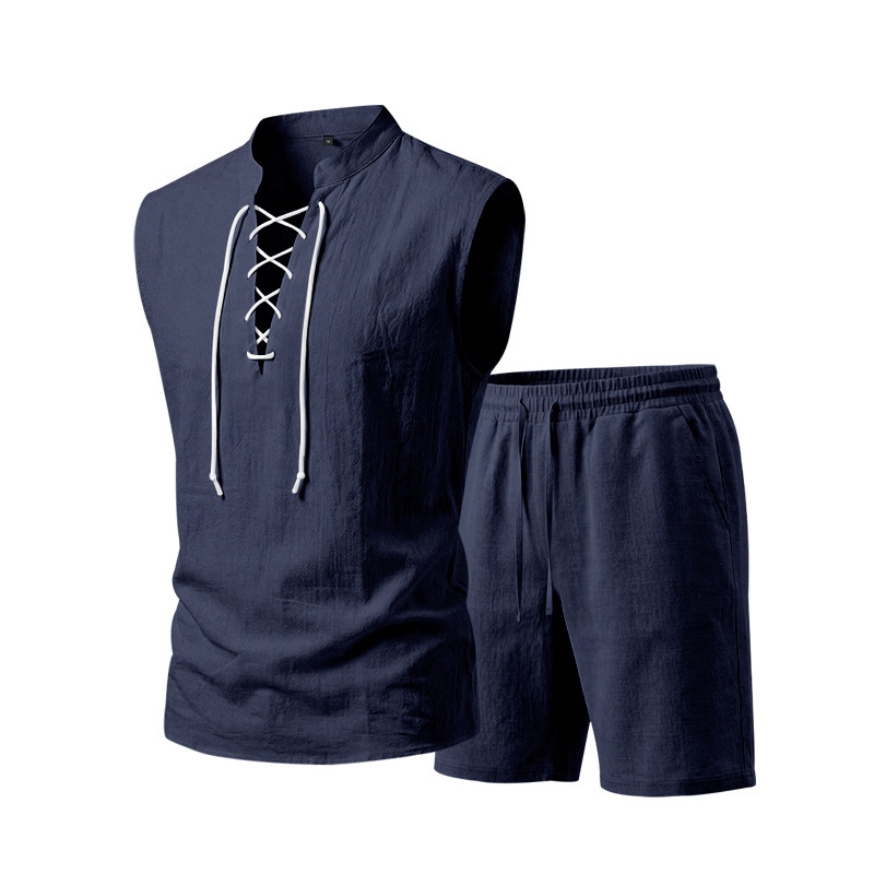 🧵  50% OFF! ✨ Men's Linen Sleeveless Set – Top & Shorts, Lace-Up, 7 Colors ☀️
