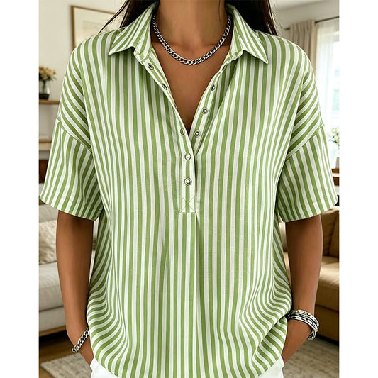 👕 LIMITED-TIME  OFF! ✨ Women's Striped Short-Sleeve Shirt – Relaxed Fit, V Neck, 9 Colors 🍂