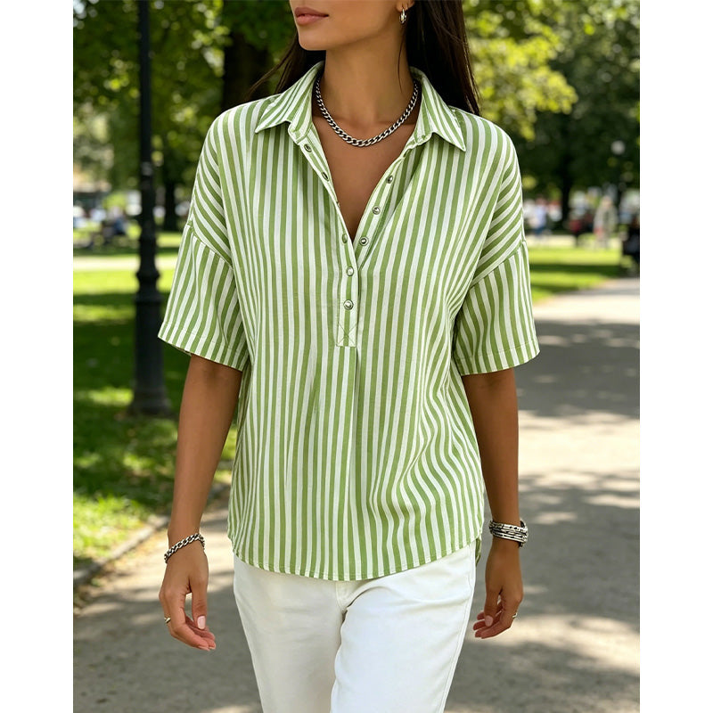 👕 LIMITED-TIME  OFF! ✨ Women's Striped Short-Sleeve Shirt – Relaxed Fit, V Neck, 9 Colors 🍂