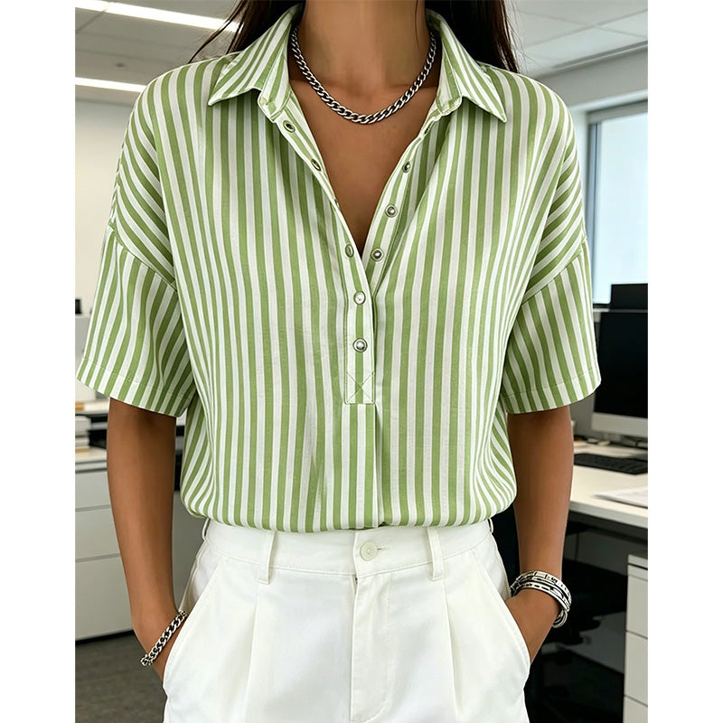 👕 LIMITED-TIME  OFF! ✨ Women's Striped Short-Sleeve Shirt – Relaxed Fit, V Neck, 9 Colors 🍂