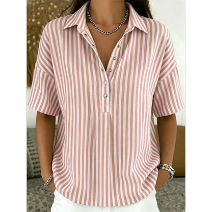 👕 LIMITED-TIME  OFF! ✨ Women's Striped Short-Sleeve Shirt – Relaxed Fit, V Neck, 9 Colors 🍂