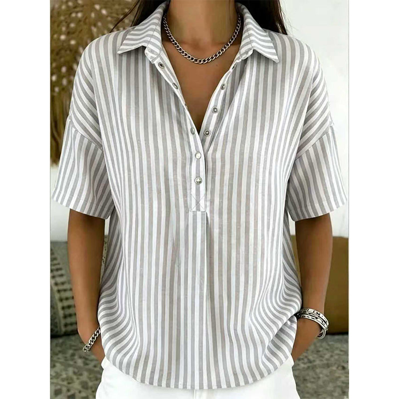 👕 LIMITED-TIME  OFF! ✨ Women's Striped Short-Sleeve Shirt – Relaxed Fit, V Neck, 9 Colors 🍂