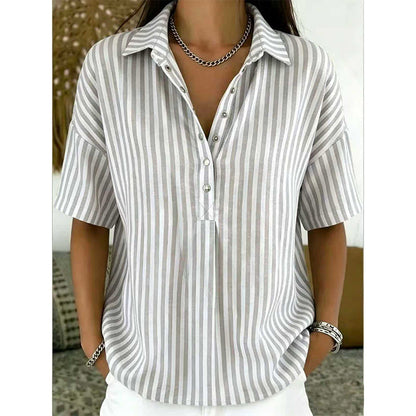 👕 LIMITED-TIME  OFF! ✨ Women's Striped Short-Sleeve Shirt – Relaxed Fit, V Neck, 9 Colors 🍂